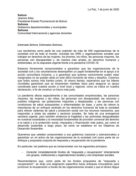 CARTA PÚBLICA DE ORGANIZACIONES DE LA SOCIEDAD CIVIL A AUTORIDADES DEL ESTADO PLURINACIONAL DE BOLIVIA