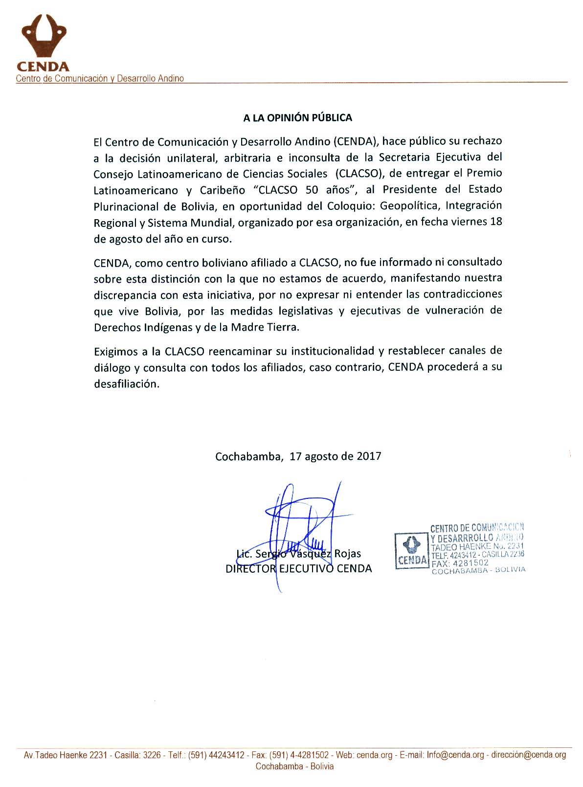 CENDA se pronuncia CLACSO2