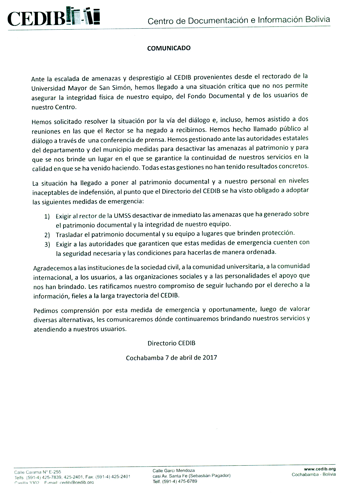 Comunicado CEDIB