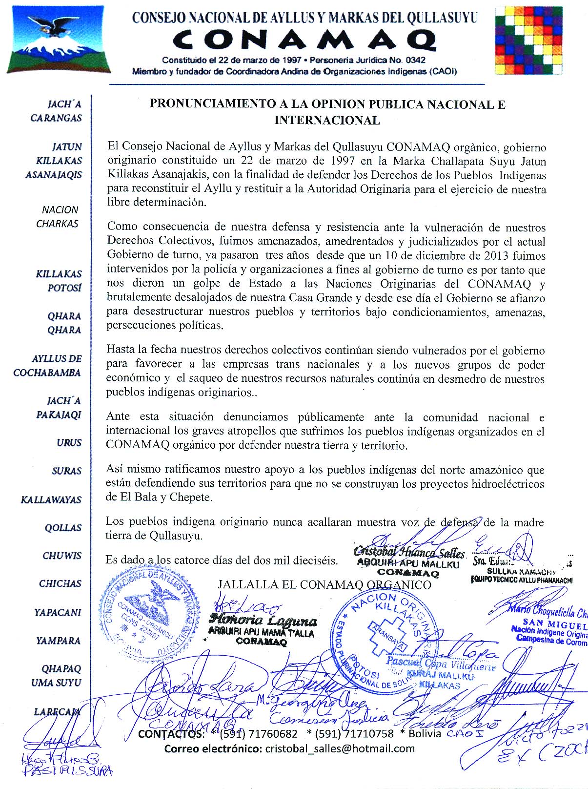 Pronunciamiento CONAMAQ