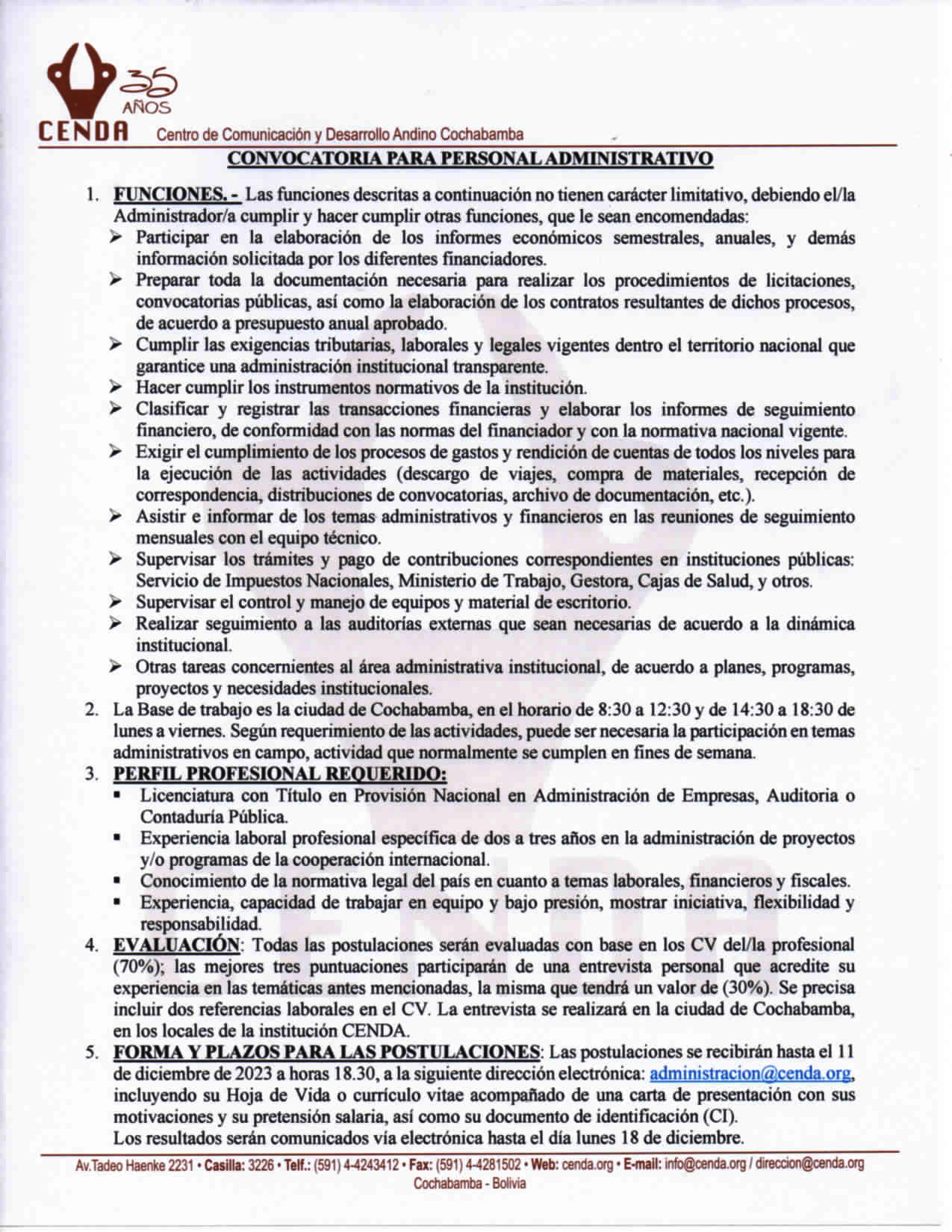 TDR personal administración