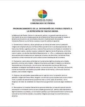 PRONUNCIAMIENTO DE LA DEFENSORÍA DEL PUEBLO FRENTE A LA REPRESIÓN EN TAKOVO MORA