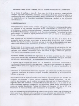 Resoluciones de la Cumbre Social sobre proyecto de Ley Minera