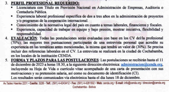 CENDA: CONVOCATORIA PARA PERSONAL ADMINISTRATIVO