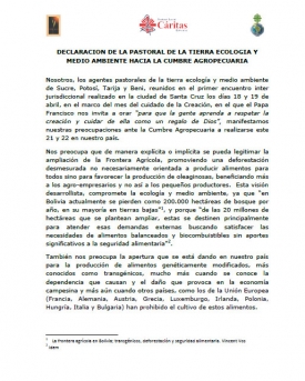 DECLARACION DE LA PASTORAL DE LA TIERRA ECOLOGIA Y MEDIO AMBIENTE HACIA LA CUMBRE AGROPECUARIA