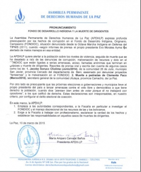 PRONUNCIAMIENTO FONDO DE DESARROLLO INDÍGENA Y LA MUERTE DE DIRIGENTES